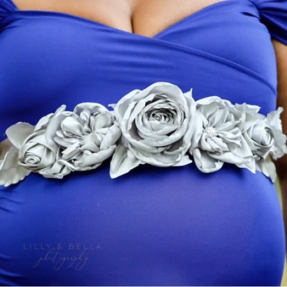 Handmade Couture Silver Satin Floral Bridal Sash Belt | Wedding • Maternity